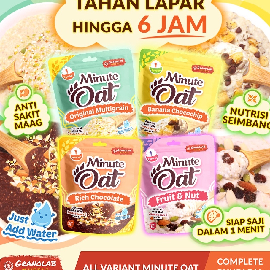 

Bayar Di Tempat Instant Oatmeal MINUTE OAT Granolab Muesli complete variant isi 4pcs x 65gr