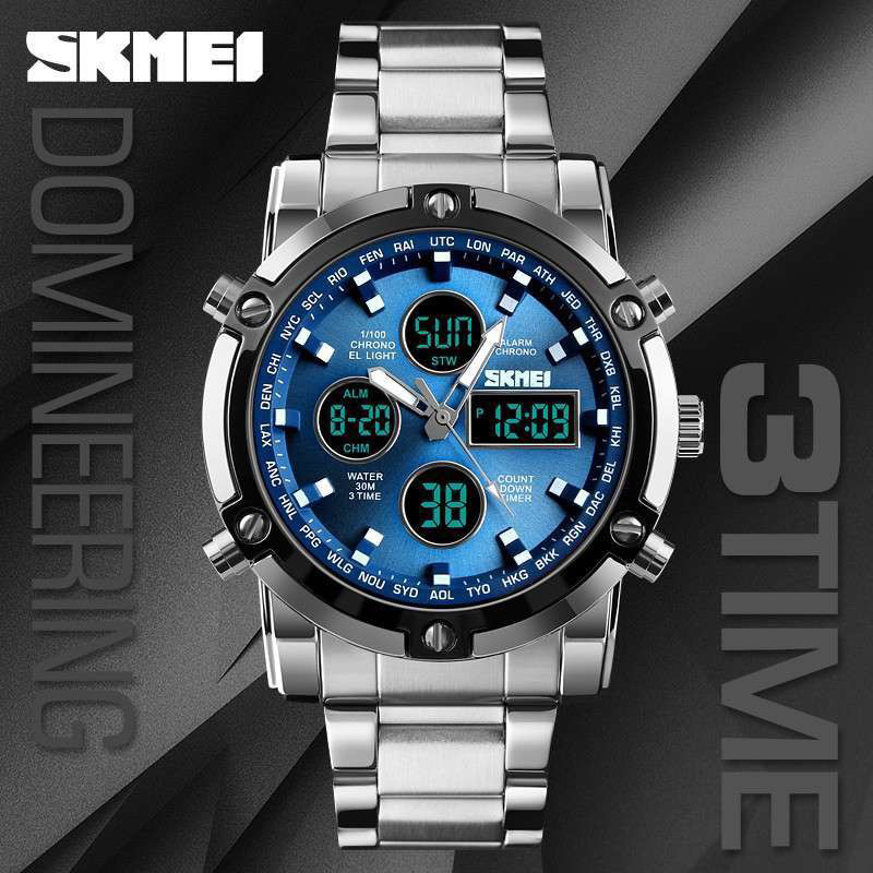 BISA COD ,,Jam Tangan Pria SKMEI 1385 Double Time Original Full Stainless steel