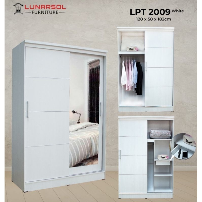 Lemari Pakaian Sliding/Pintu Geser 2 Pintu Putih Kaca Panjang