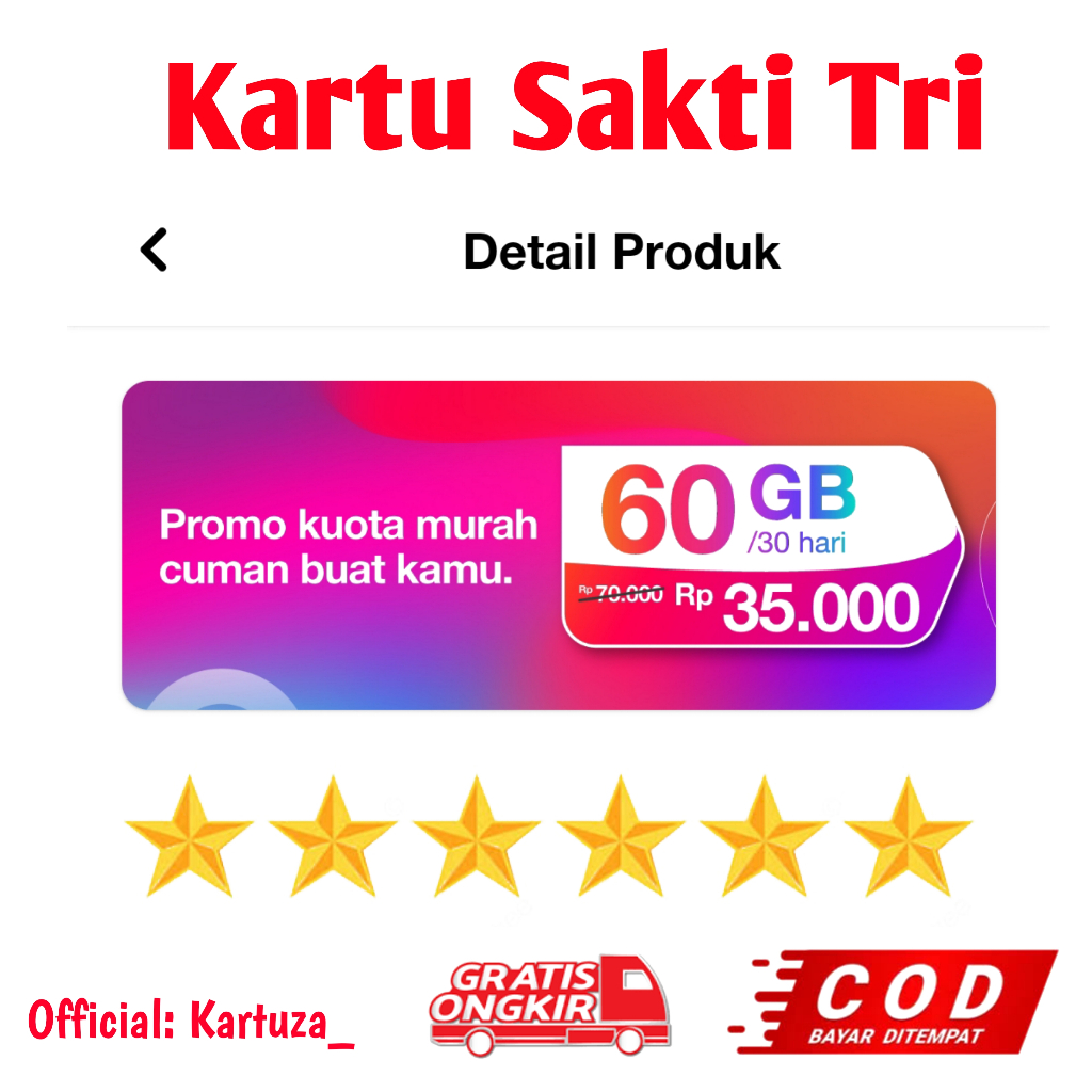 Kartu Tri sakti 60GB 30ribu 1bulan full 24jam semua aplikasi