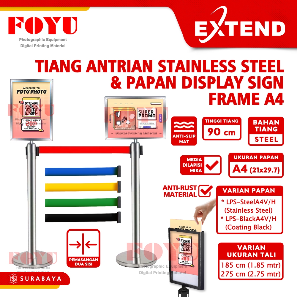 

Tiang Pembatas Antrian Antrean Pita Stainless Steel Queue Que Line Pole Railing Stand 2 3 meter LPB-Steel Papan Display Sign Frame A4 Extend