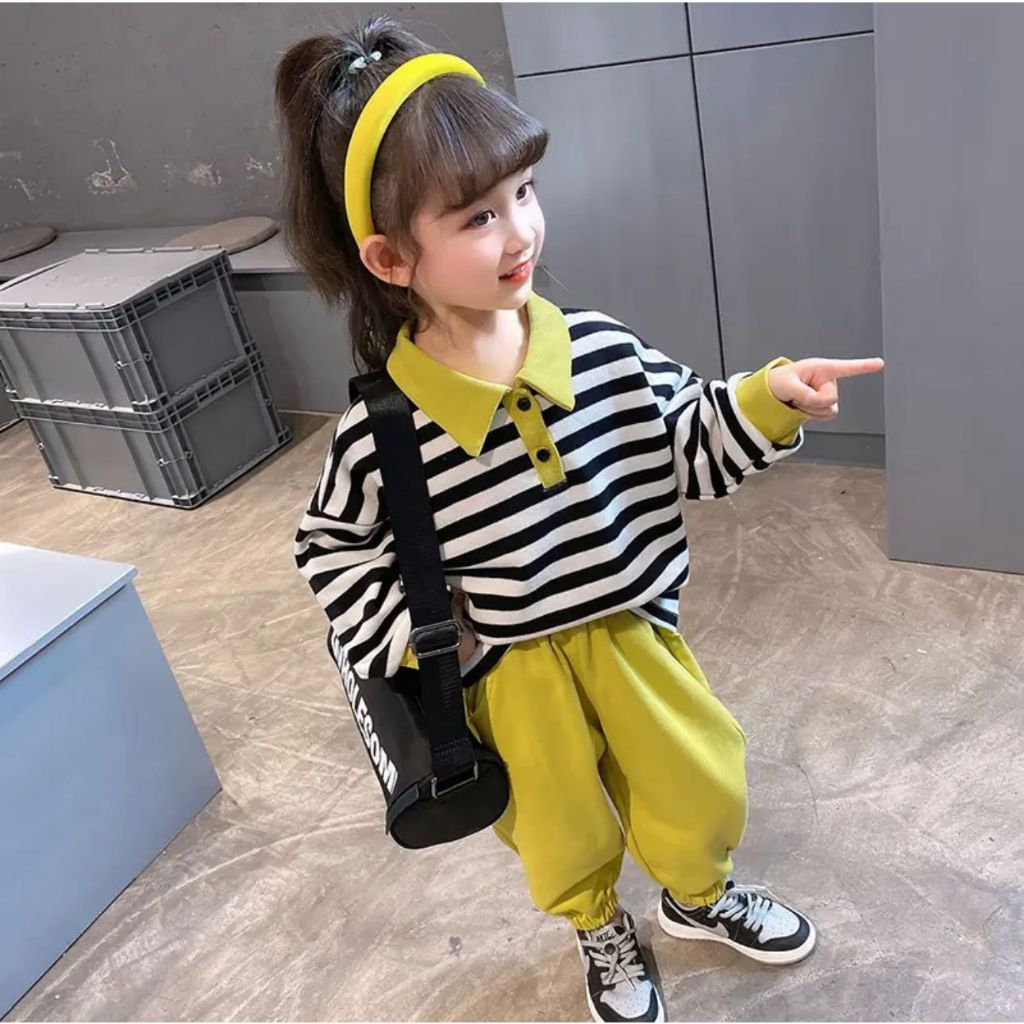 One set anak perempuan stelan kaos karah strepe multicaloor baju anak perempuan dan celana joger