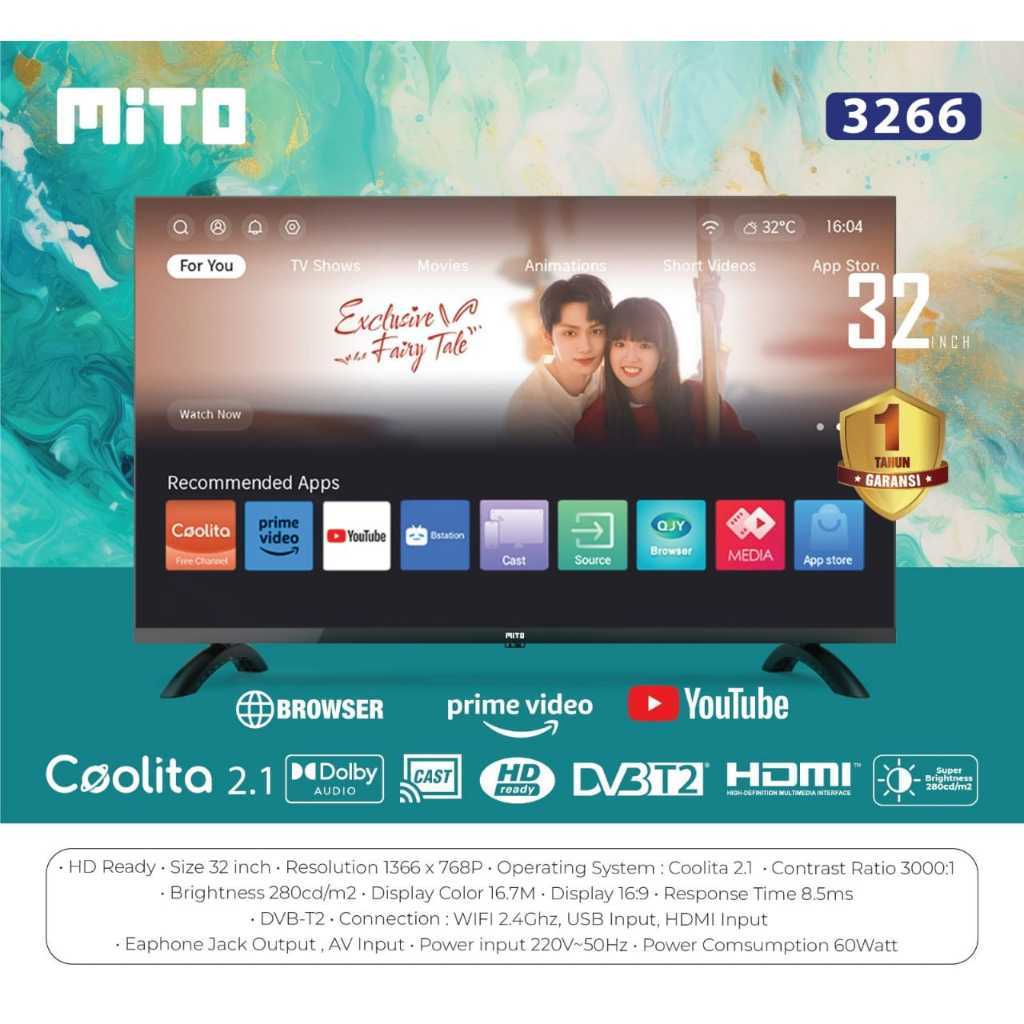 MITO Smart LED TV 3266 32 Inc OS Coolita 2.1 HD Ready / DVB T2 / Dolby Audio / YouTube / Prime Video
