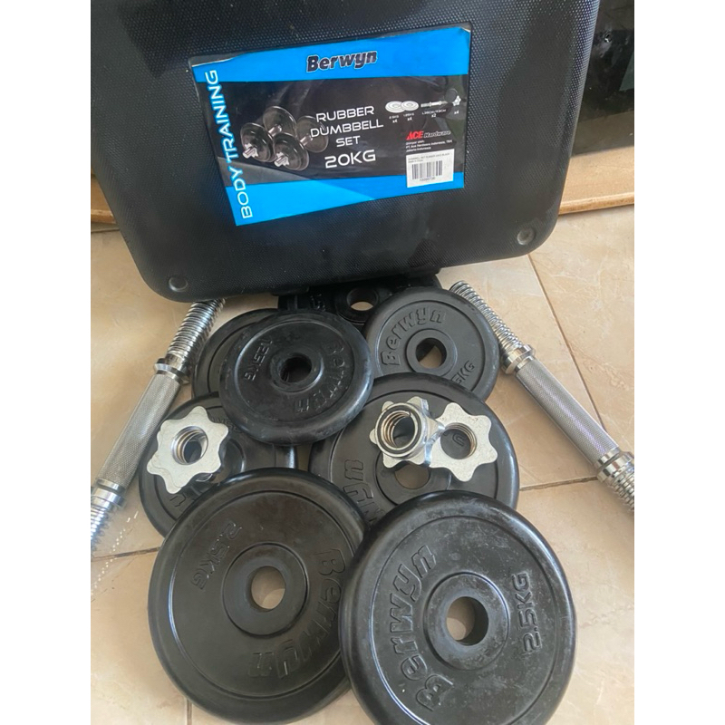 Berwyn dumbbell set 20kg Barbel set bekas , rubber plate gym