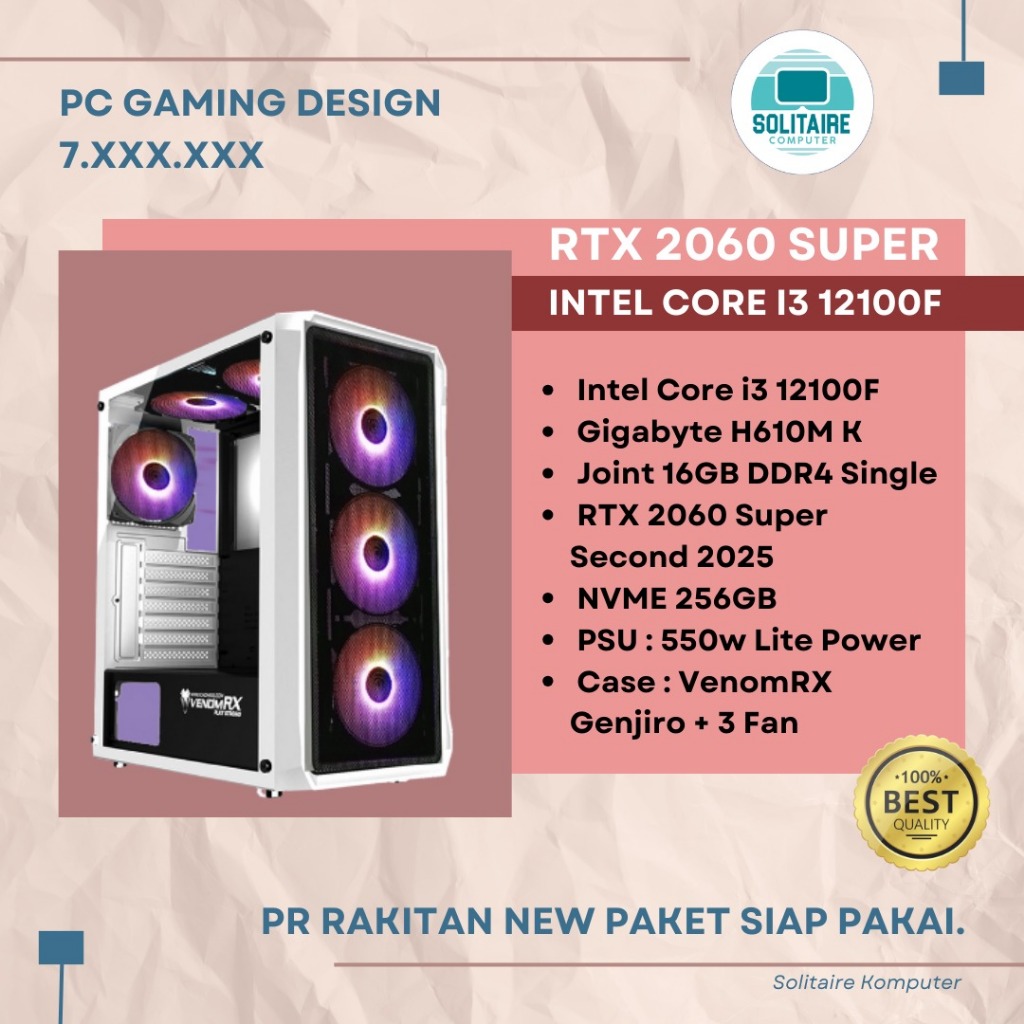 PC Gaming Rakitan i3 12100f | Joint 16gb Single | RTX 2060 Super