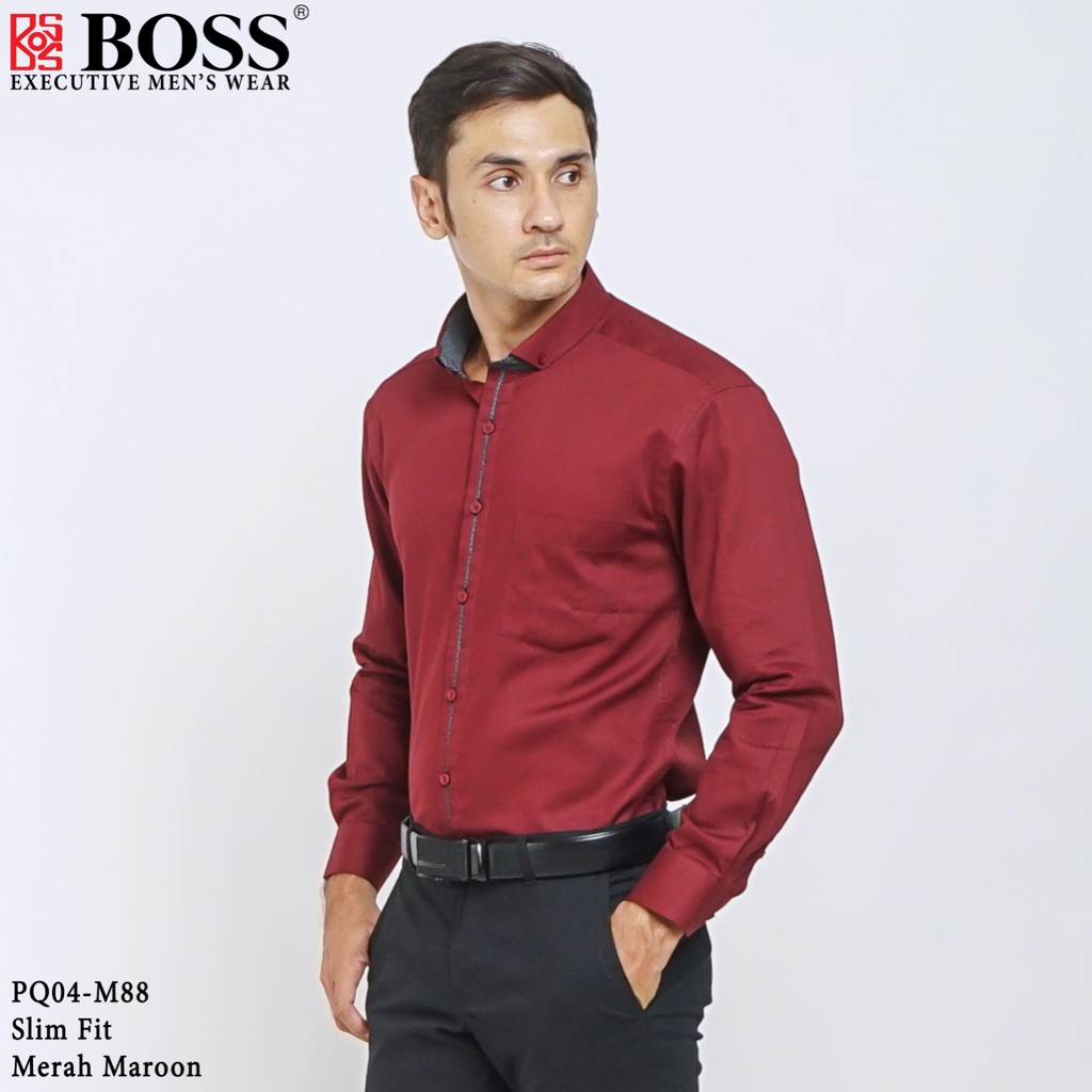 BOSS Kemeja Polos Pria Cotton Pique Kombinasi List Tengah Lengan Panjang Slim Fit PQ04 Merah Maroon