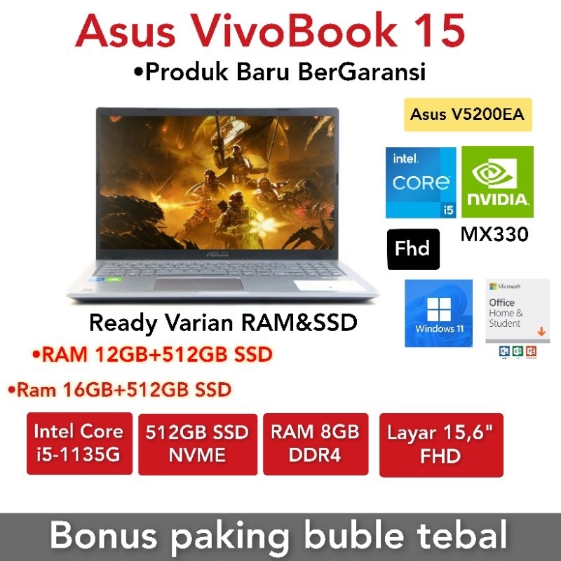 Laptop Promo Asus VivoBook V5200E Core i5-1135G7 Ram 8Gb Ssd 512Gb 15,6" FHD Windows 11