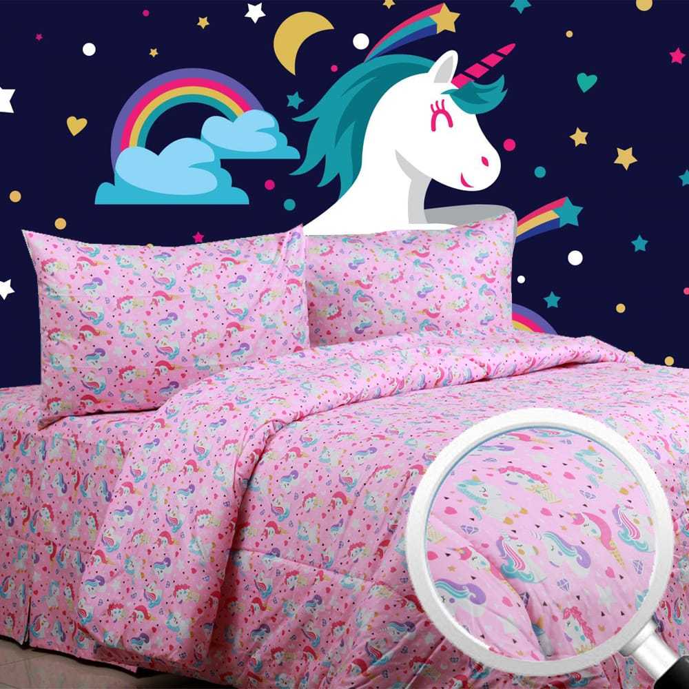 Bedcover Set Motif Unicorn Pink / Bedcover Seprei Katun Panca/Ukuran 160x200 cm / Bedcover Full Set 