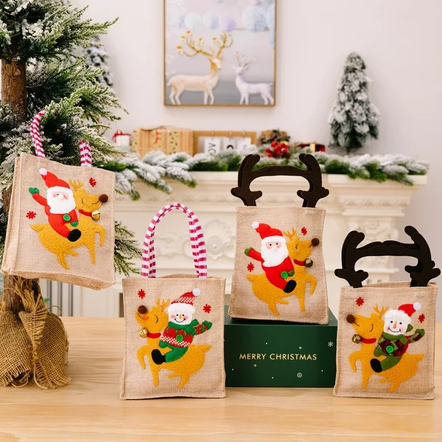

Tote Bag Natal Canvas Motif Santa Snowman Christmas Gift Bag