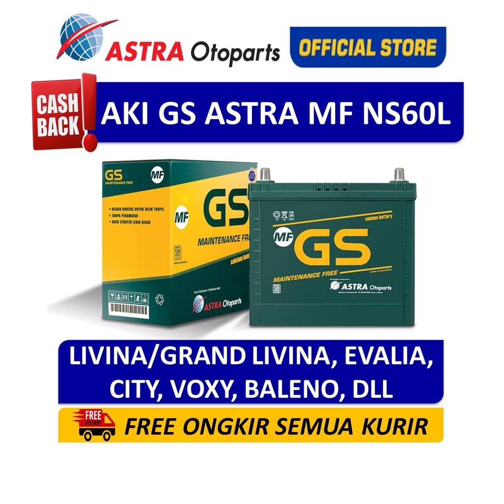 Aki Mobil GS ASTRA MF NS60L 45ah Grand Livina Toyota Voxy Terios Rush Xenia Mi/Li/Xi