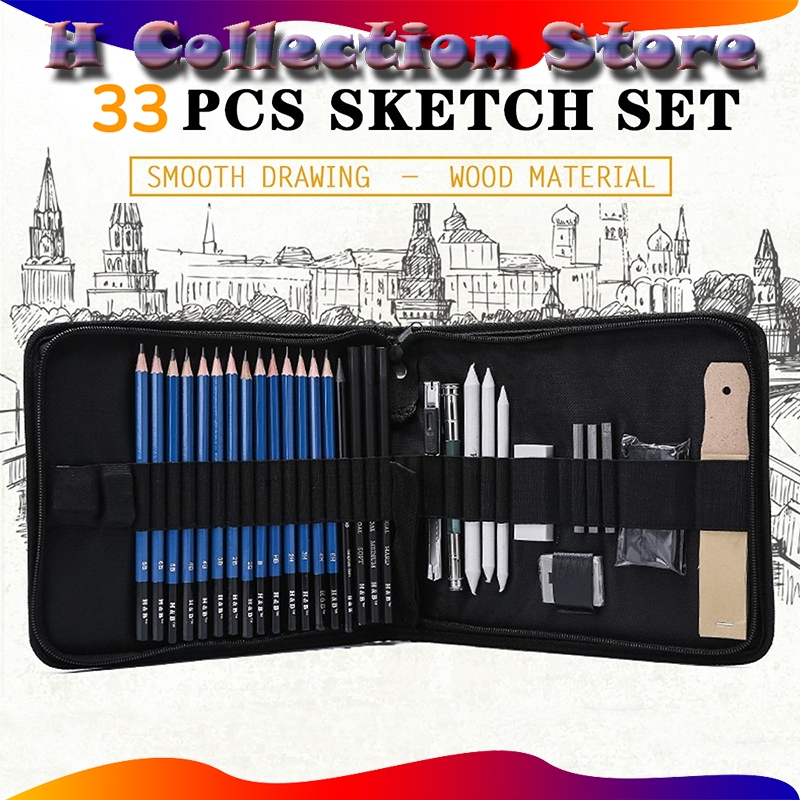 33PCS/Set Sketch Pensil Pisau Penghapus dan Pensil Gambar untuk Keperluan Sekolah Pencil Drawing Set Sketsa dan Lukisan Set