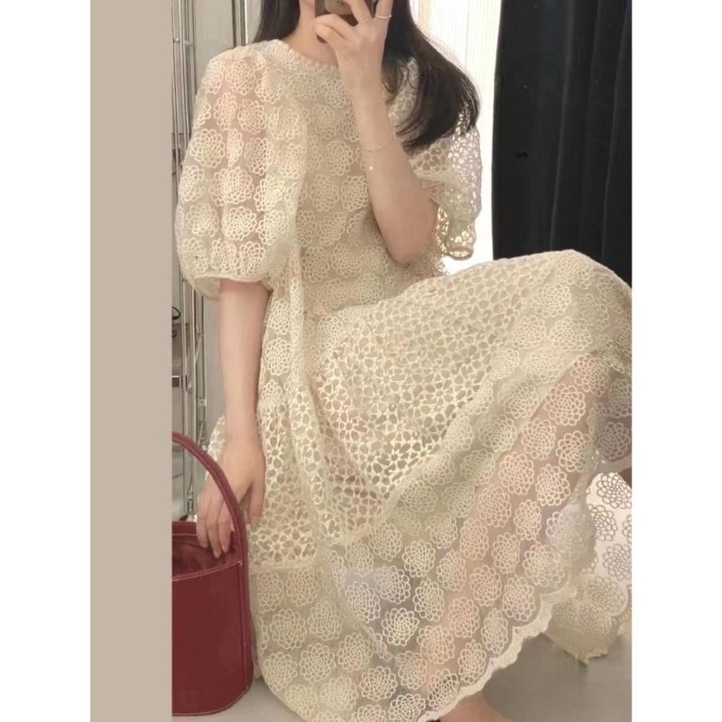 14020 Tereesia Embroideref Loose Dress Lengan Pendek Balon Korea Style Lace Brokat Bunga Import Prem