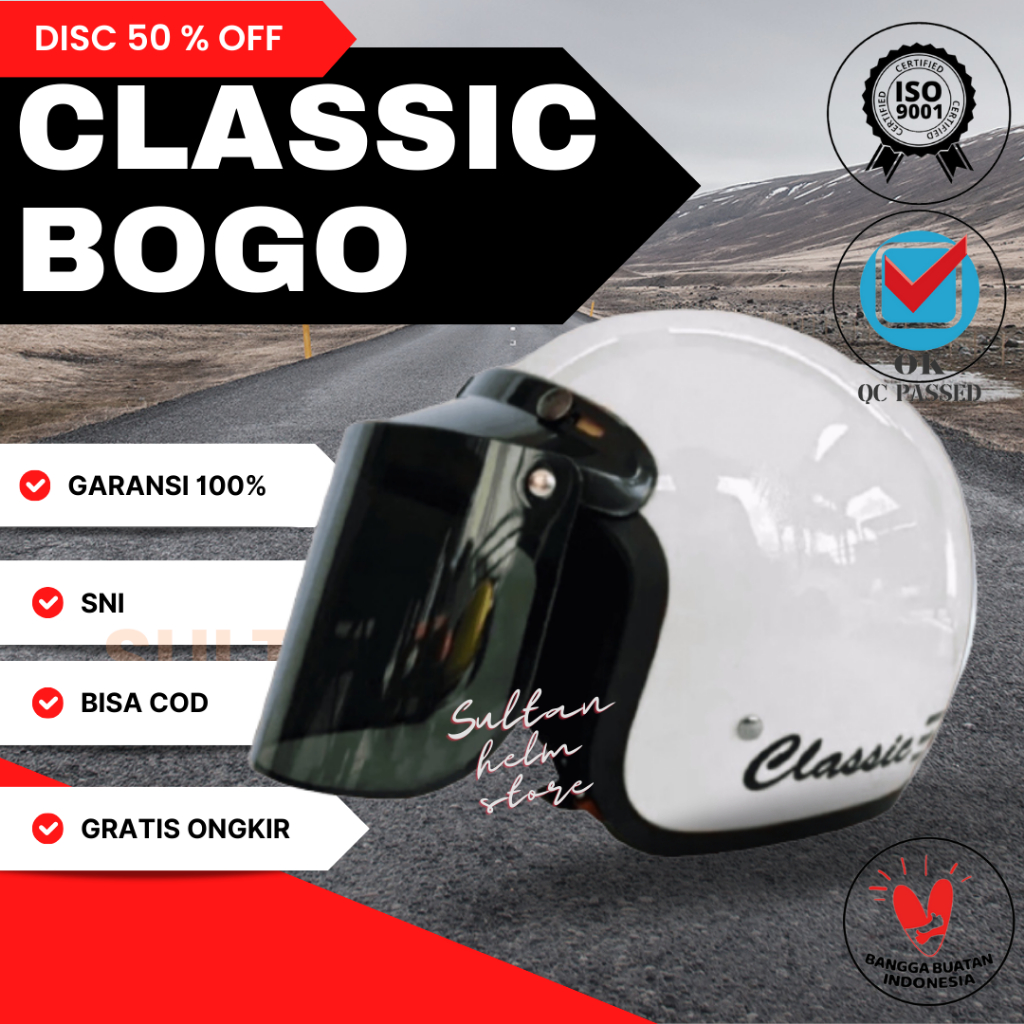 HELM HELEM BOGO CLASIC PRIA WANITA KEREN WARNA PUTIH KACA DATAR FLAT INJAK SMOKE CEMBUNG CLEAR SNI