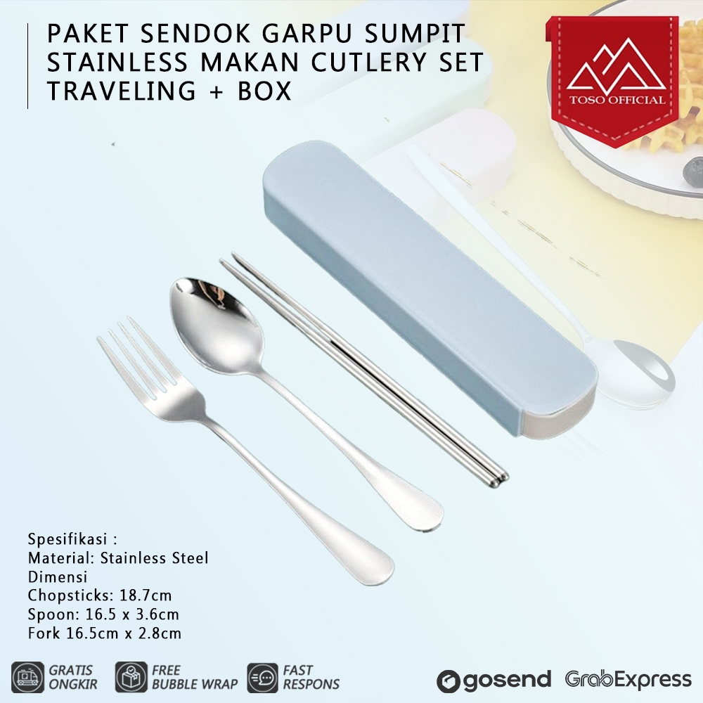 Paket Sendok Garpu Sumpit Stainless Makan Cutlery Set Traveling + Box