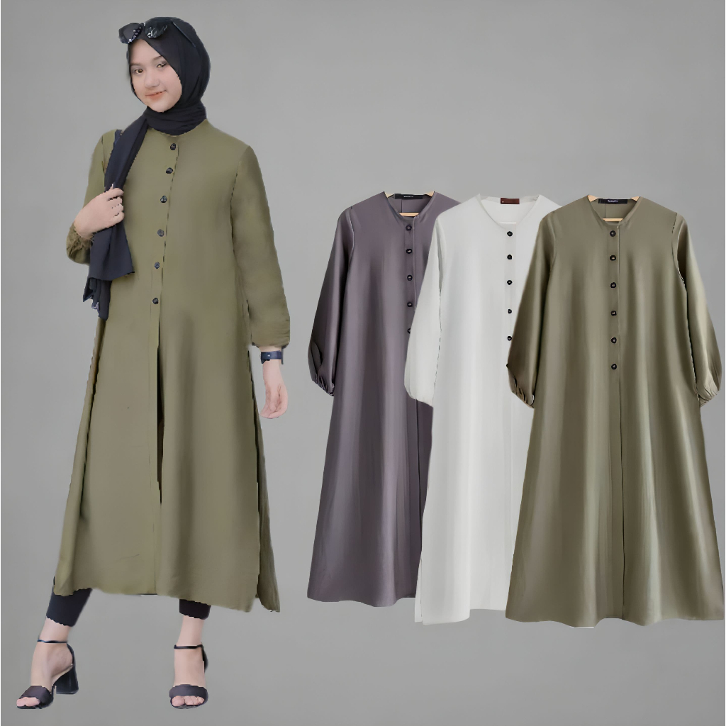 Tunik Long Jumbo Spesial Lebaran Full Kancing Aktif MAt Rayon Twill