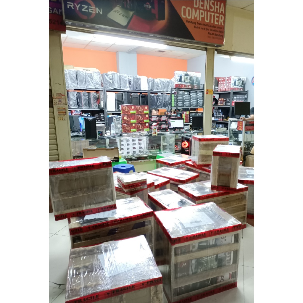 

packing kayu + wraping + pragile