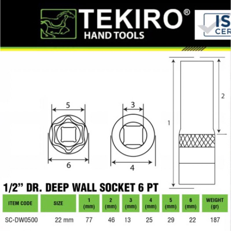 Kunci Sok 22 mm Panjang - Stang 1/2 inc - 6 PT TEKIRO 1/2 DR. DEEP WALL SOCKET 6 PT SC-DW0500