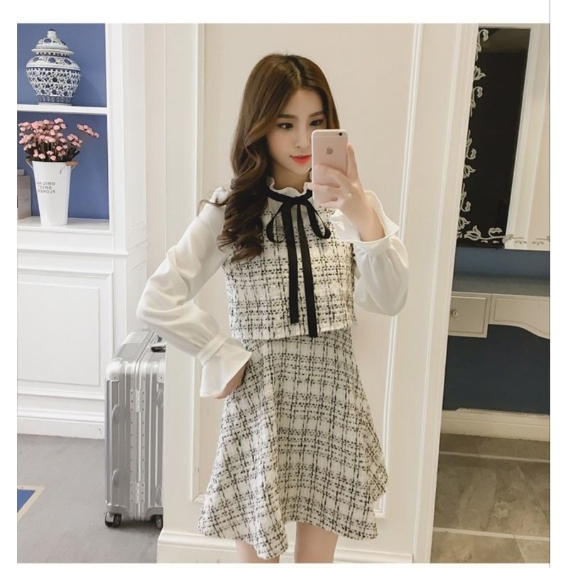 Korean Dress lengan panjang pita hitam