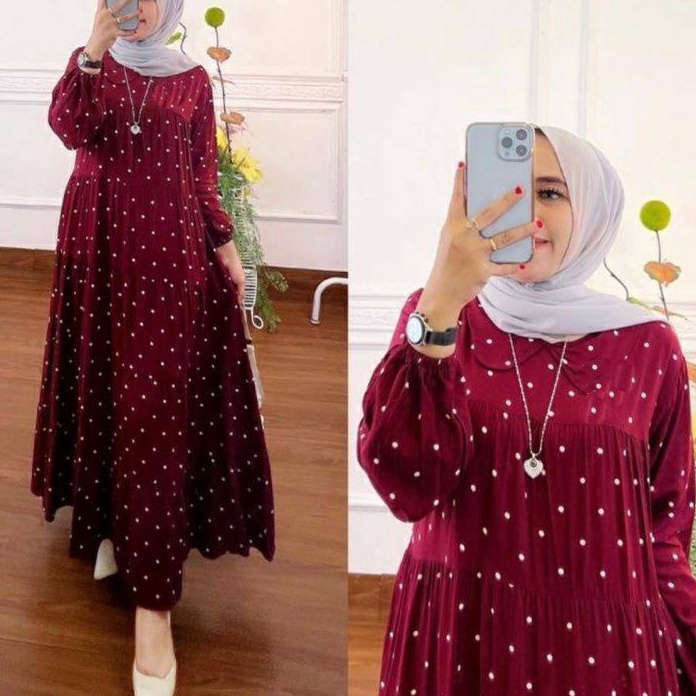 KODE LTM759 Gamis Wanita Jumbo Bahan Rayon Midi Dress Muslim Motif Polkadot