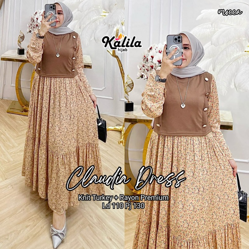 Claudia Dress by Kalila Cotton Rayon Premium + Knit Turki LD 110 Size Jumbo Tunik Dress Wanita Tunik