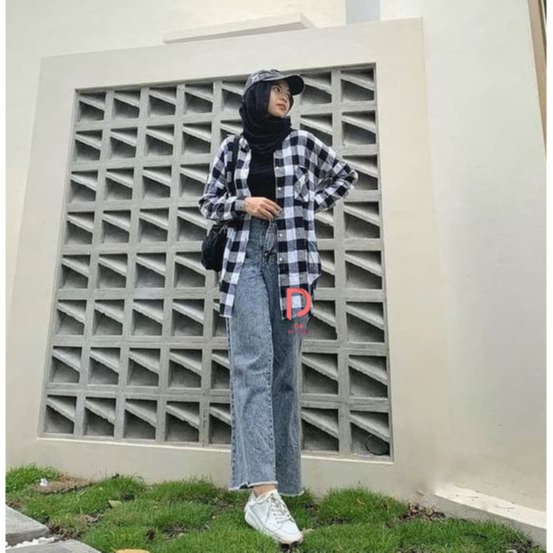 Atasan Kemeja Flanel Wanita Hitam Putih Lengan Panjang 2025 / Baju Kemeja Kasual Wanita Kotak Kotak