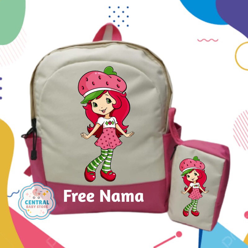 TAS RANSEL BACKPACK ANAK SEKOLAH SD / TK CUSTOM GAMBAR STRAWBERRY SHORTCAKE FREE CETAK NAMA