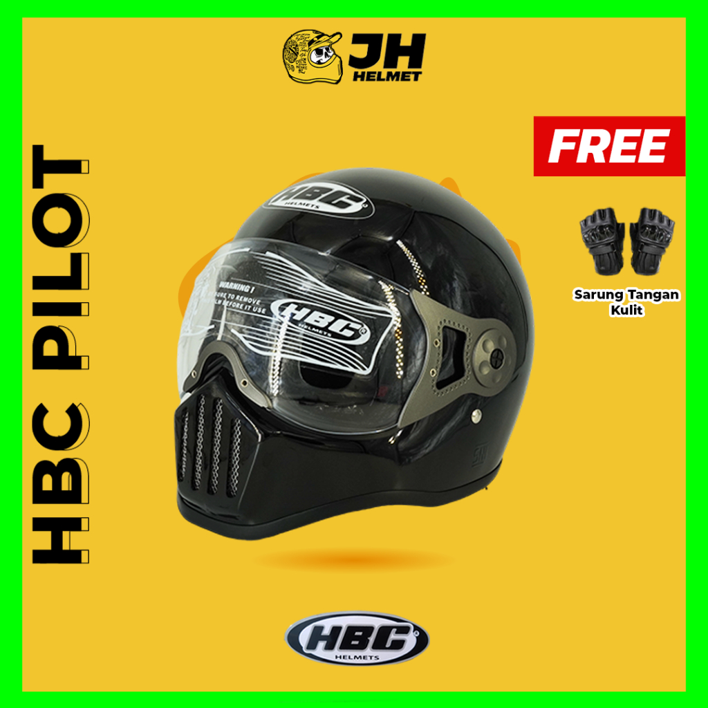Helm Cakil HBC Pilot Polos Black Glossy | Original 100% | HBC Cakil | Helm Retro | Helm Full Face | 