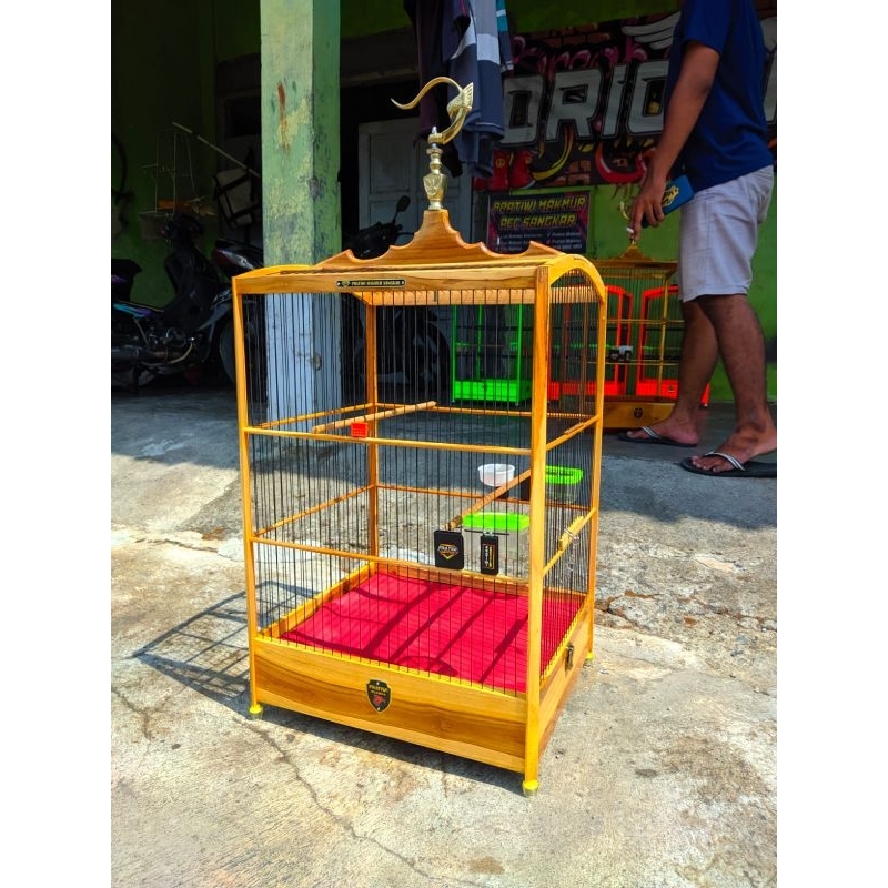 Sangkar Kenari Full Jati No.2 Ruji Fiber Finishing Clear Glass Sangkar Burung Harian Dan Lomba