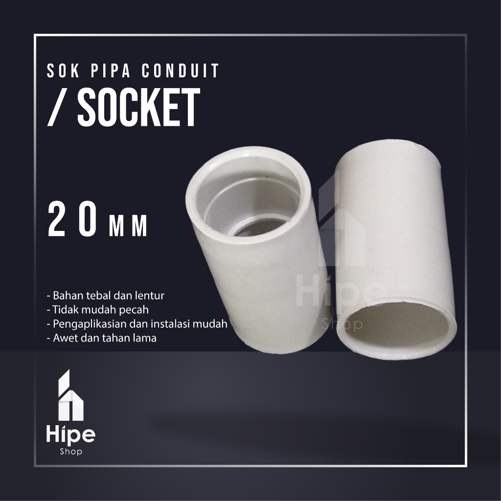 Socket 20mm sok lurus/ shock sock sambungan pipa listrik conduit Putih