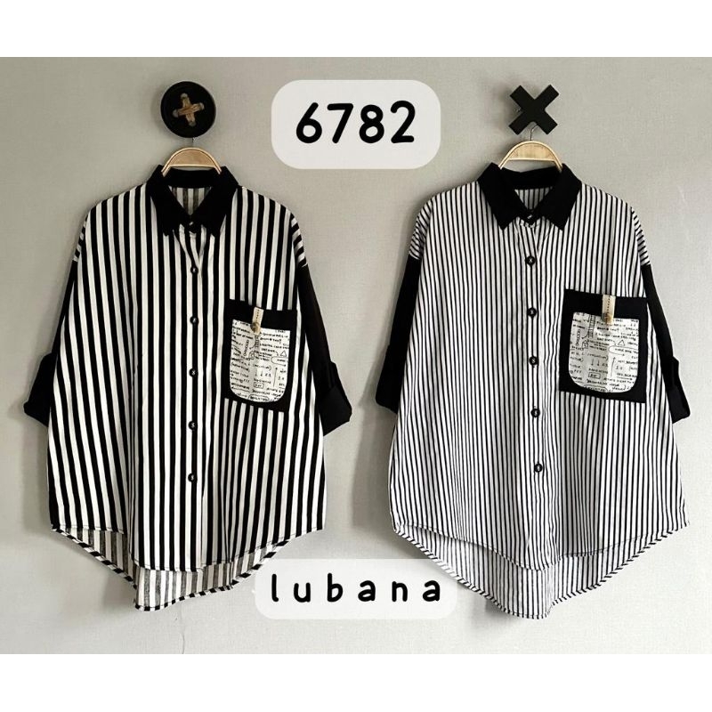 Atasan & Tunik Kemeja Katun Linen Import Motif Salur Kombinasi Polos LuBaNa#6783(Tunik) 6782(Atasan)