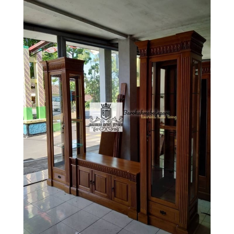 Bufet TV jati & lemari hias kaca minimalis mewah limited edition