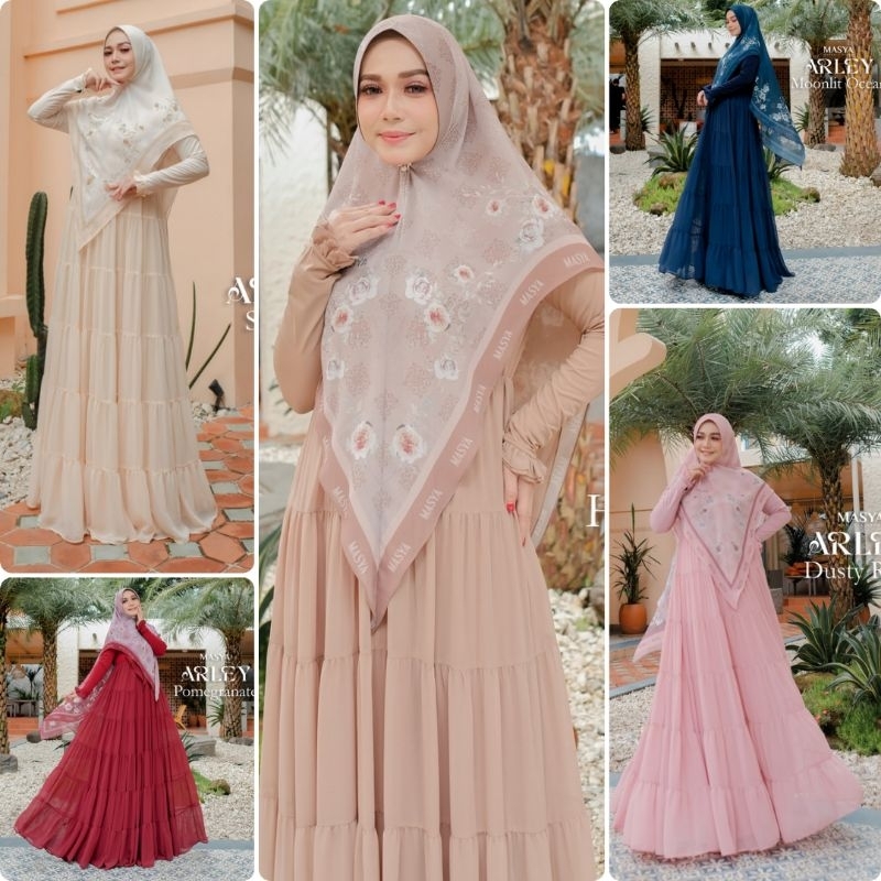 Set Gamis Dress Ceruty Babydoll Printing Premium Syari Branded Navy - Coklat - Kuning - Merah Maroon