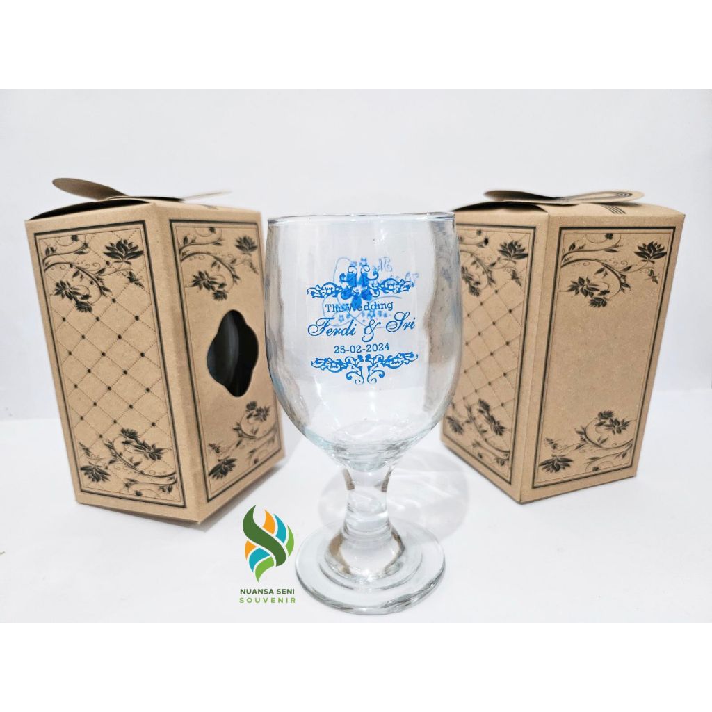 Suvenir Gelas Cup Glass Stemware Mug Minum Jus Cangkir Wine Kaki Kaca Sablon