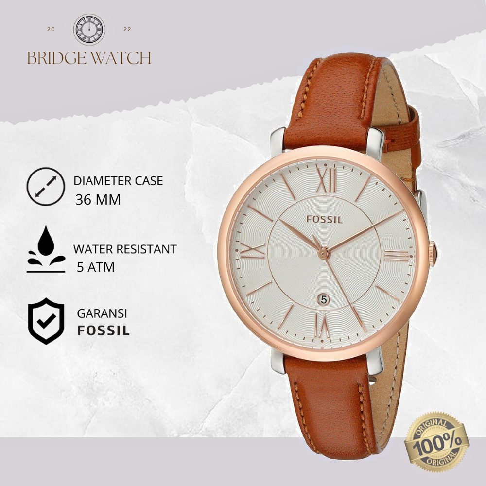 Jam Tangan Wanita Fossil Jacqueline ES3842 Original Analog Brown Leather Strap Kulit Coklat Cewek Ca