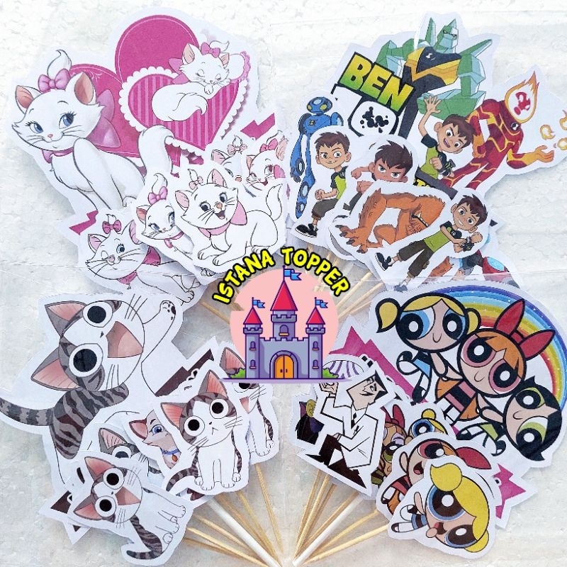 Topper Cake STANDART / CUSTOM Ultah Tema Ben10, Marie Cat, Cat, PowerPopGIrl