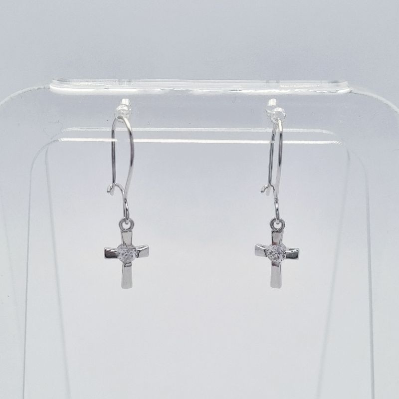 1.18 gr - Anting Kawat Emas Putih Salib 2.6 cm Kadar 75% 750 17K - B7