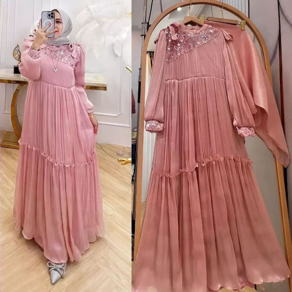 Meydina Dress Gamis Muslim Wanita Bahan Shimmer Aplikasi Tile Manik - Manik Casual Dress Wanita Kekinian GOM