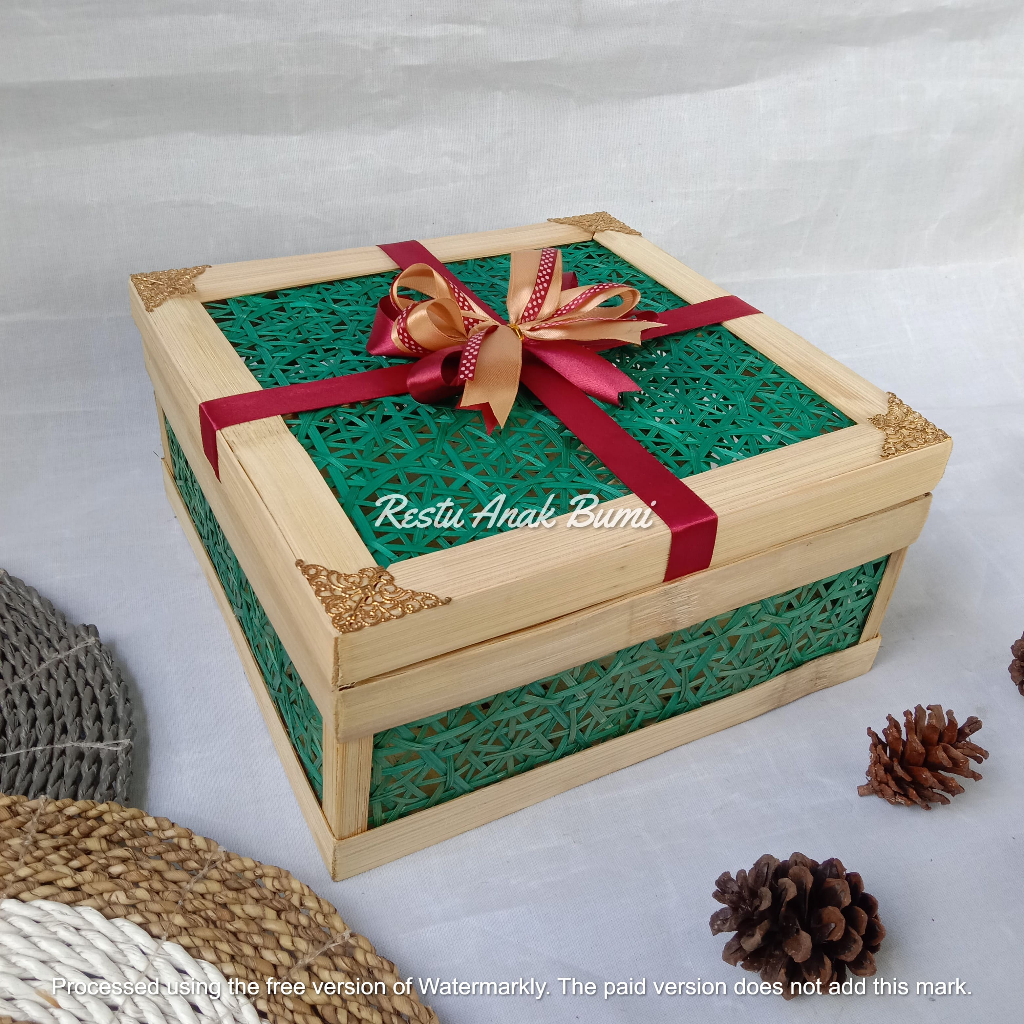 Box Motif Truntum Warna Tosca 25cm Pita Ukiran Emas| rantang kotak anyaman bambu | wadah hampers kot