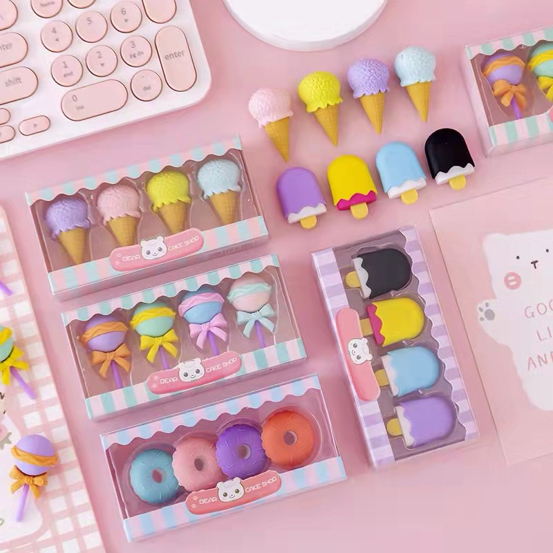 

EryoneStore 4PCS / Set Penghapus Pensi Model ICE CREAM DONAT LOLLIPOP POPSICLE / PENGHAPUS LUCU SET BT