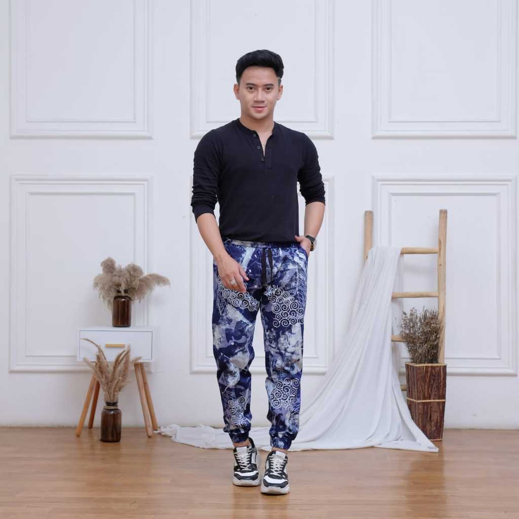 celana joger batik pria wanita warna biru
