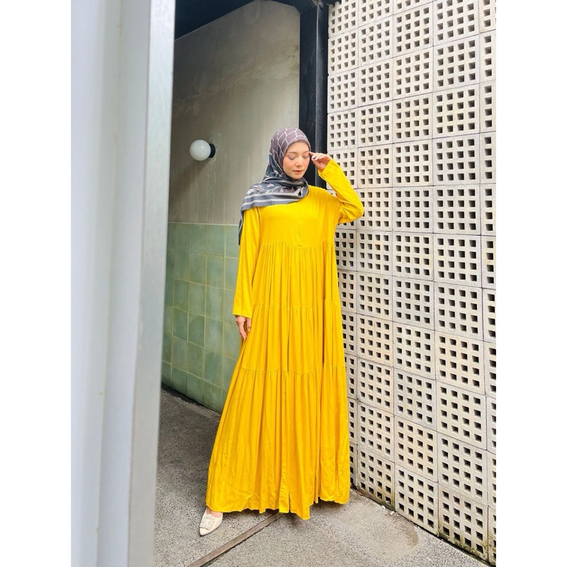 Radwah - clowi dress - dress wanita - mustard - yellow - gamis kuning