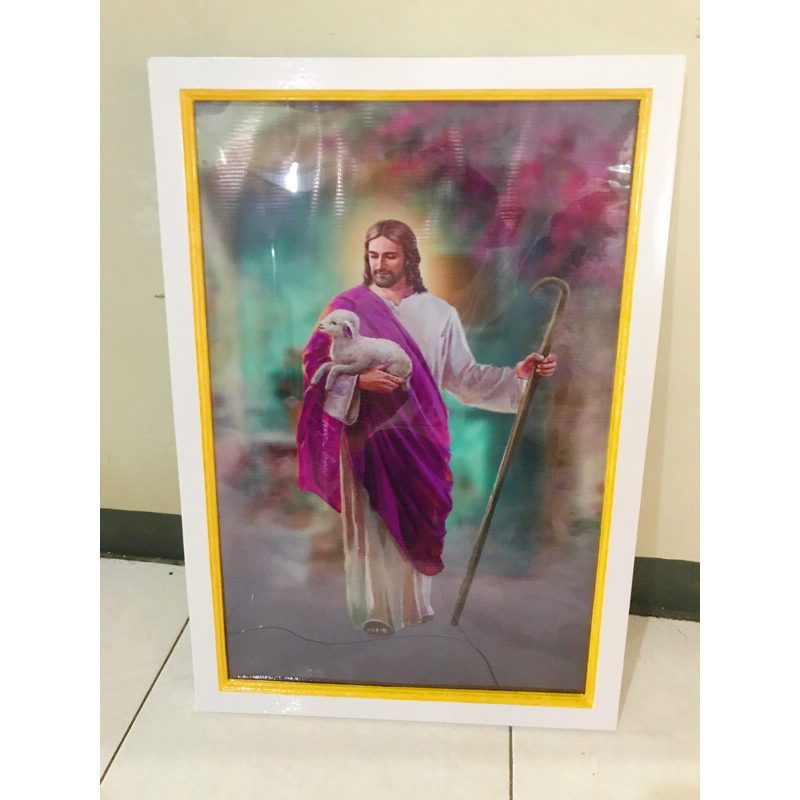 hiasan dinding gambar Tuhan yesus penggembala plus bingkai