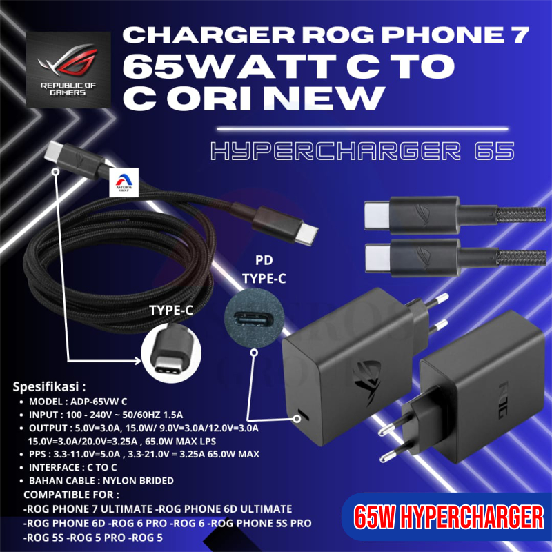 CHARGER ASUS ROG PHONE 7 ULTIMATE ROGPHONE 6D ULTIMATE ROG 6 ROG 5 5S 65W ORIGINAL KABEL C TO C