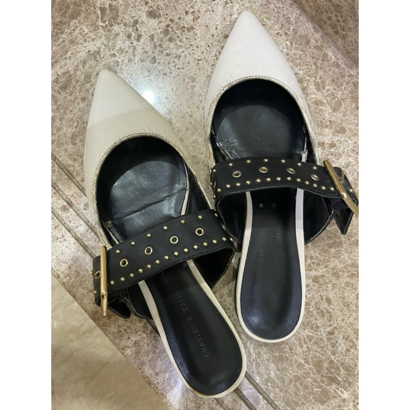 PRELOVED charles & keith cnk flat shoes mules white putih sepatu wanita woman