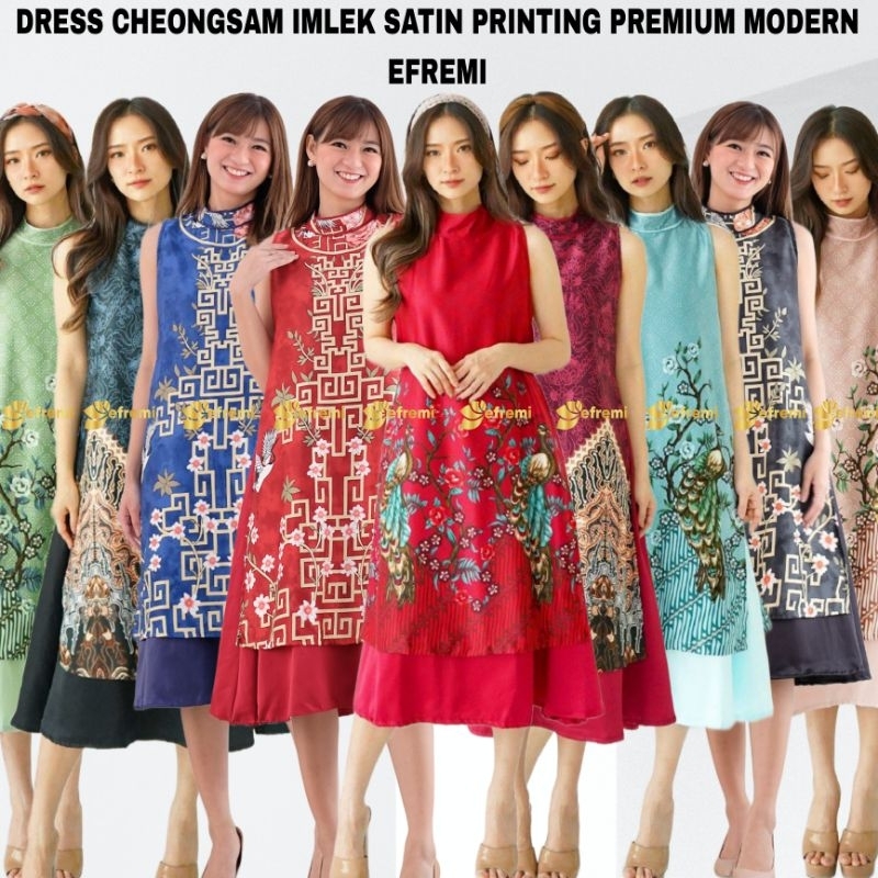 EF716 DRESS CHEONGSAM IMLEK QIPAO SANGJIT  BATIK DRESS SATIN PRINTING MOTIF BURUNG DRESS LAMARAN PRE