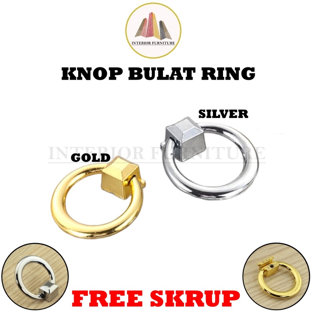 Knob Knop Ring Bulat Gold, Silver Tarikan Laci Lemari Ring Cincin Furniture Drawer Nakas Modern