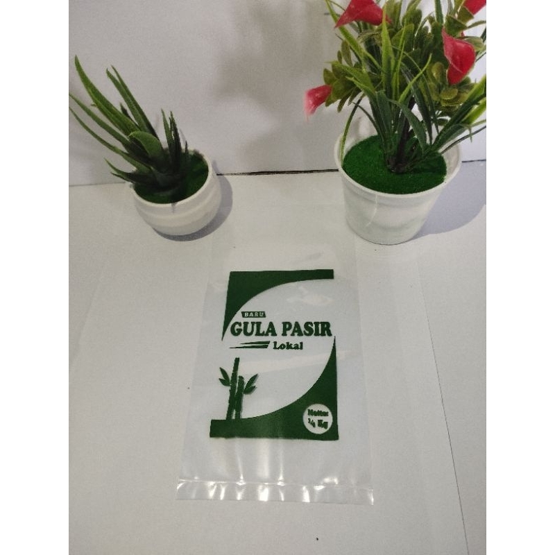 Plastik kemasan gula pasir 250 gram isi 100 pcs/sablon plastik kemasan gula pasir ukuran 250gram
