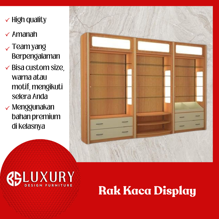 Rak Kaca Display dan Laci Etalase Toko Produk Makanan atau Kosmetik
