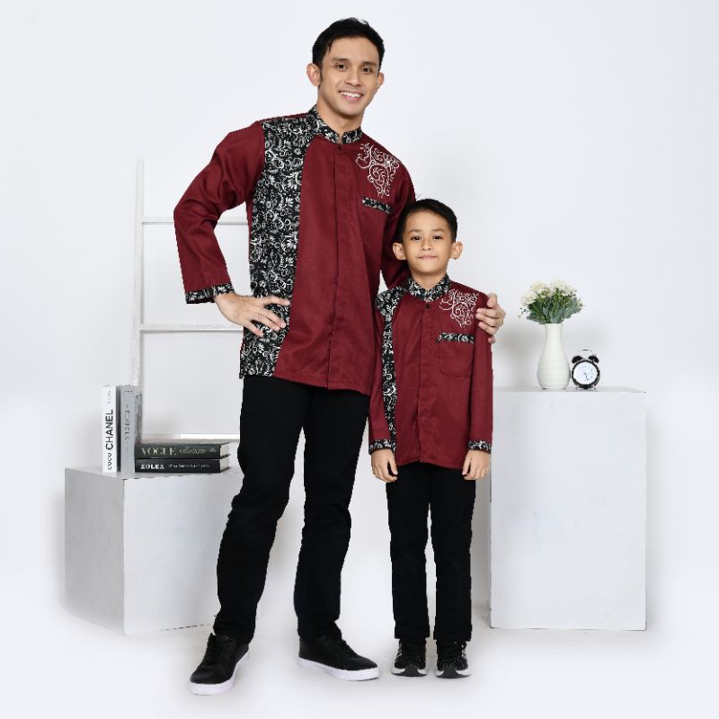 BAJU KOKO COUPLE AYAH & ANAK (satuan) MOTIF MELATI MAROON KOKO BORDIR KOMBINASI TOYOBO