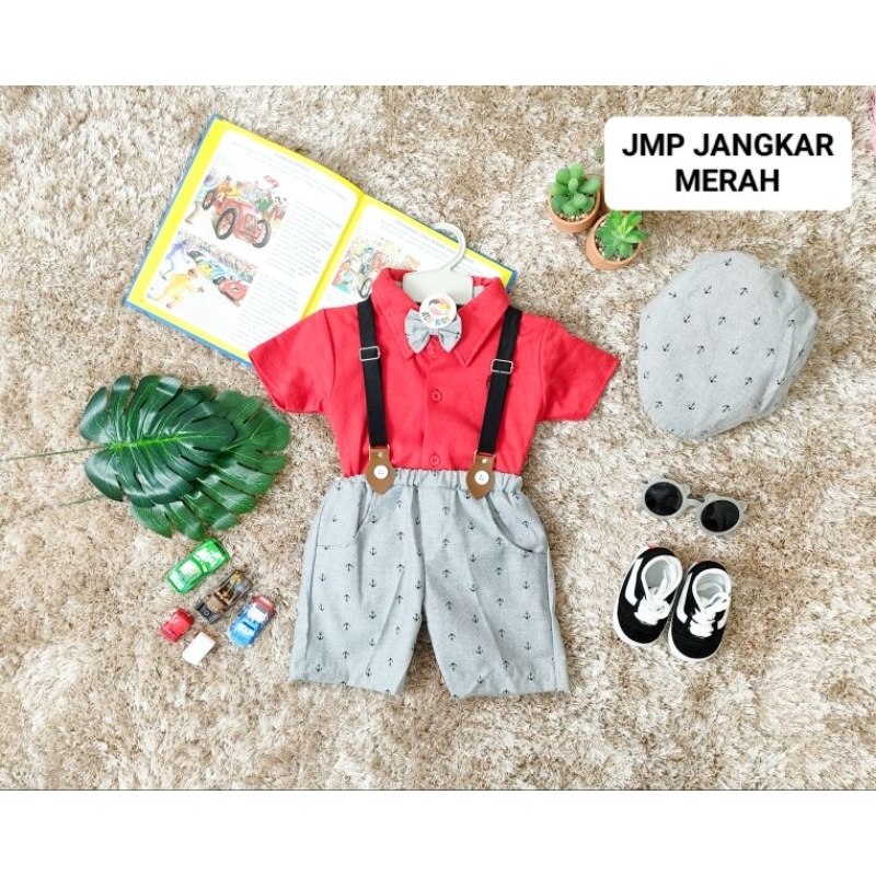 Setelan Baju Bayi Laki-laki Model Jumper Dan Celana Suspender Motif Polos Jangkar Estimasi Usia 0-9 